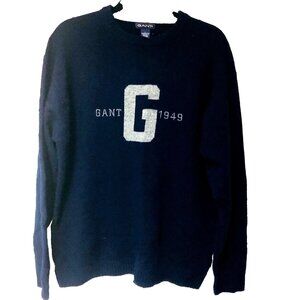 VTG Gant Mens Varsity‎ Sweater L Navy Blue Lambswool Collegiate Pullover Preppy